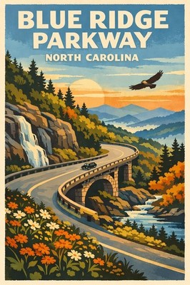  ️ Blue Ridge Parkway North Carolina Poster - 24x36  - Retro Decor 200GSM Paper