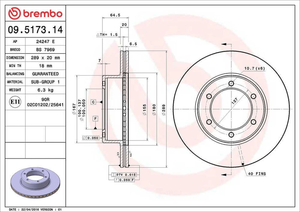 Ротор дискового тормоза подходит для пикапа Toyota 4Runner 1986-1995 годов выпуска BREMBO NORTH AMERICA - Изображение 2 из 4