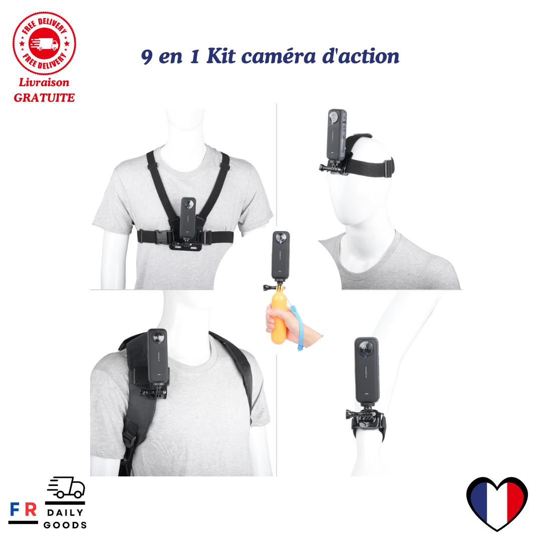 Kit caméra d'action 9 en 1 avec fixation ventrale anti-vibration