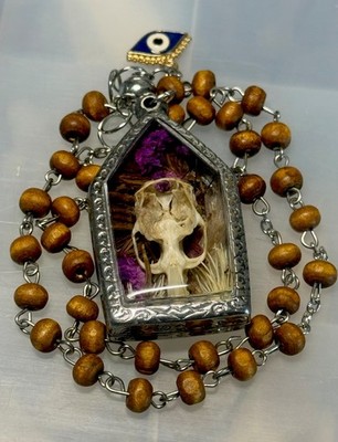 Handcrafted Beaded Necklace w/ Mouse Skull, Evil Eye Charm, Dried Flowers