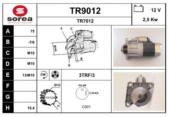 Démarreur SNRA TR9012 pièce auto de remplacement 12V 9 dents