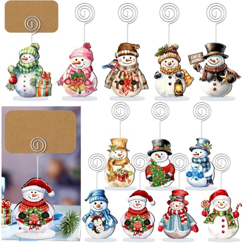24 Sets Christmas Wood Place Card Holders with Cards Snowman Photo Iron Stand...