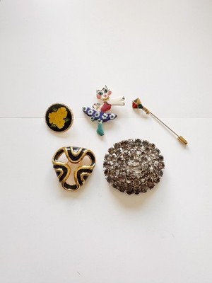Vintage Brooch & Stick Pin Lot of 5 - Enamel Cat, Rhinestone, Black & Gold,