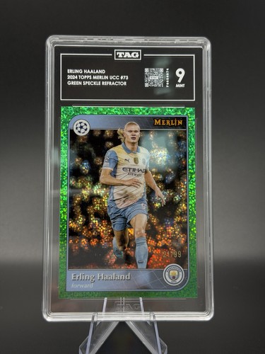 2024 Topps Merlin Ucc #73 Erling Haaland Green Speckle Refractor /99 Tag 9