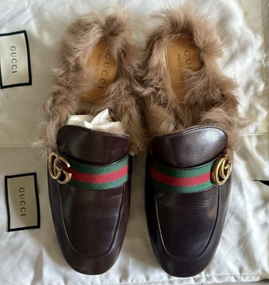 Brand New Mens Brown Gucci Princetown GG Fur-lined Mule Slippers Size 8 US