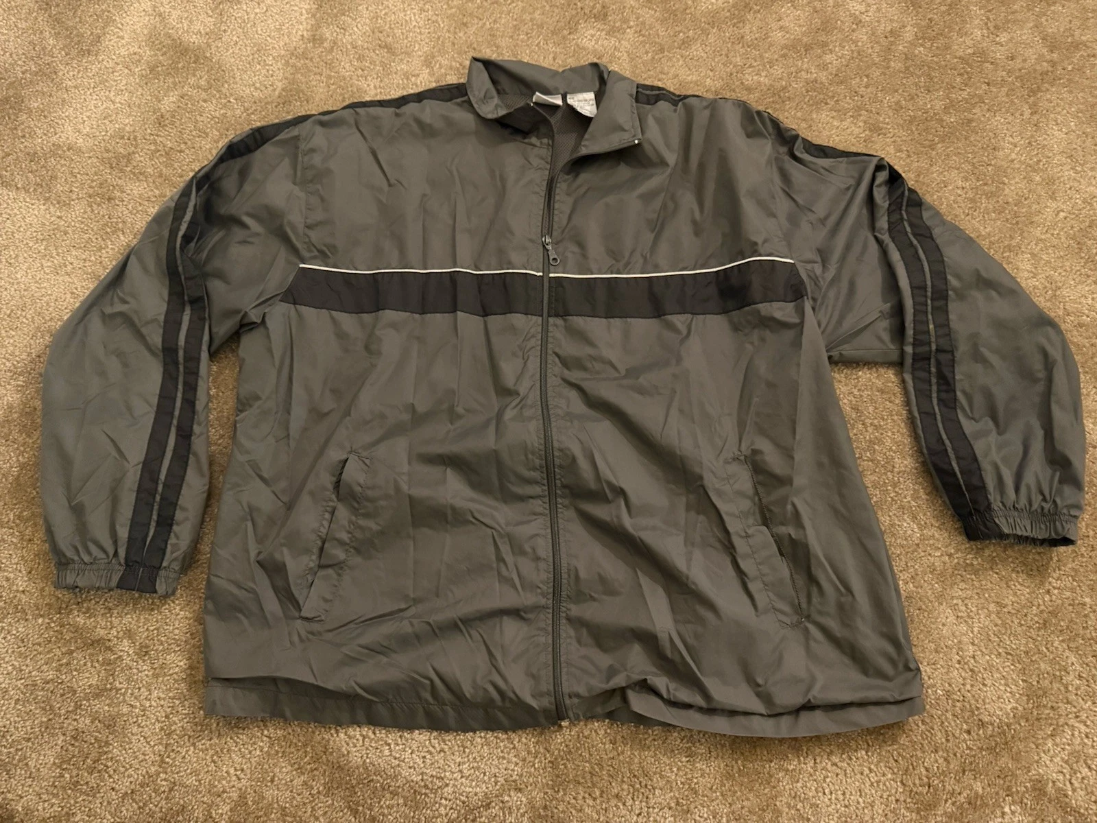 ATHLETIC WORKS Mens Windbreaker Large Gray Black Stripes Y2K Full Zip