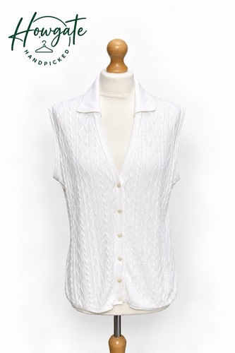 Jaeger, Jaeger Vintage Strickjacke Weste Damen S weiß Baumwolle Zopfmuster ärmellos