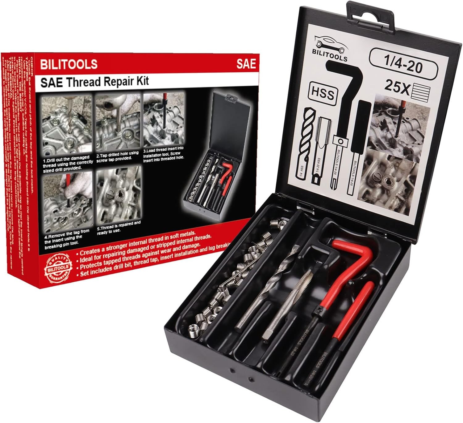 BILITOOLS 1/4-20 inch Thread Repair Kit, HSS Drill Helicoil Inch 