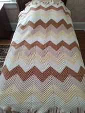 Vintage Afghan Blanket Hand Crocheted Bedding Throw 70X44 Tan/Cream With Fringe 