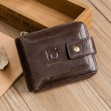 Retro Men Wallet Genuine Leather RFID Blocking Bifold with Zipper Coin Pocket