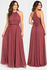 Morilee Dress Womens 16 Pink Chiffon Halter Pleated A Line Maxi Formal Wedding