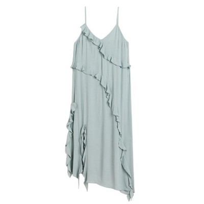 NWT H&M Flounce Trimmed Ruffle Slip Midi Dress Medium Blue Gray Party Wedding