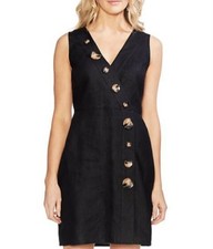 Vince Camuto Women's Dress Size 12 Black 100%Linen Faux Wrap Shift Classic 