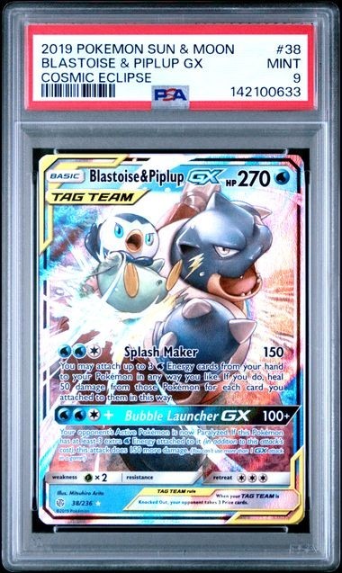 Blastoise & Piplup GX 38/236 Sun & Moon Cosmic Eclipse Holo PSA 9 2019