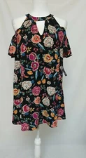 AS U WISH Mini Dress Small Black Floral Print Cold Shoulder Ruffle Sleeve