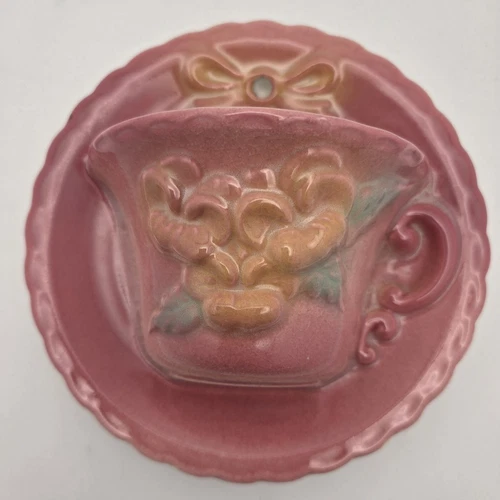 Vtg Hull Pottery USA Sunglow 80 Tea Cup & Saucer Wall Pocket Yellow Pink Flowers