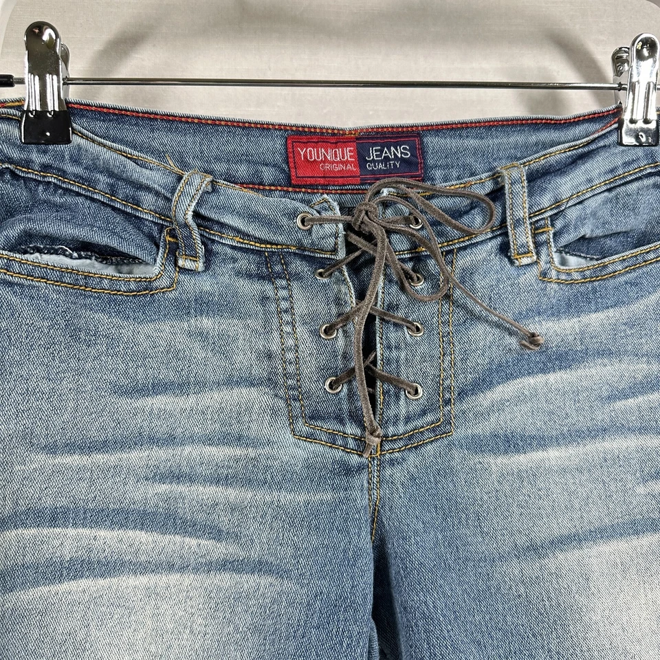 Pantalones de mezclilla vintage Younique para mujer 3 azules Y2K con cordones tiro bajo lavados a la piedra Foto 3 de 4