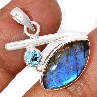 Natürlicher Labradorit - Madagaskar & Blautopas 925 Silber Anhänger ORS1 CP67526