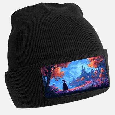 Black Beanie Hat with Cool Witch Pixel Motif - Unisex Cap, Cotton
