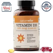 NatureWise D3 5000IU (125 mcg) 1 Year Supply for Healthy Muscle 360 Softgels USA