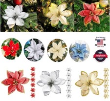 10Pcs Christmas Tree Ornaments Hanging Flowers DIY Glitter Xmas Wreath Decor USA