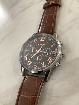 Geneva Quartz Watch W/ Brown Leather Band Analog Wristwatch