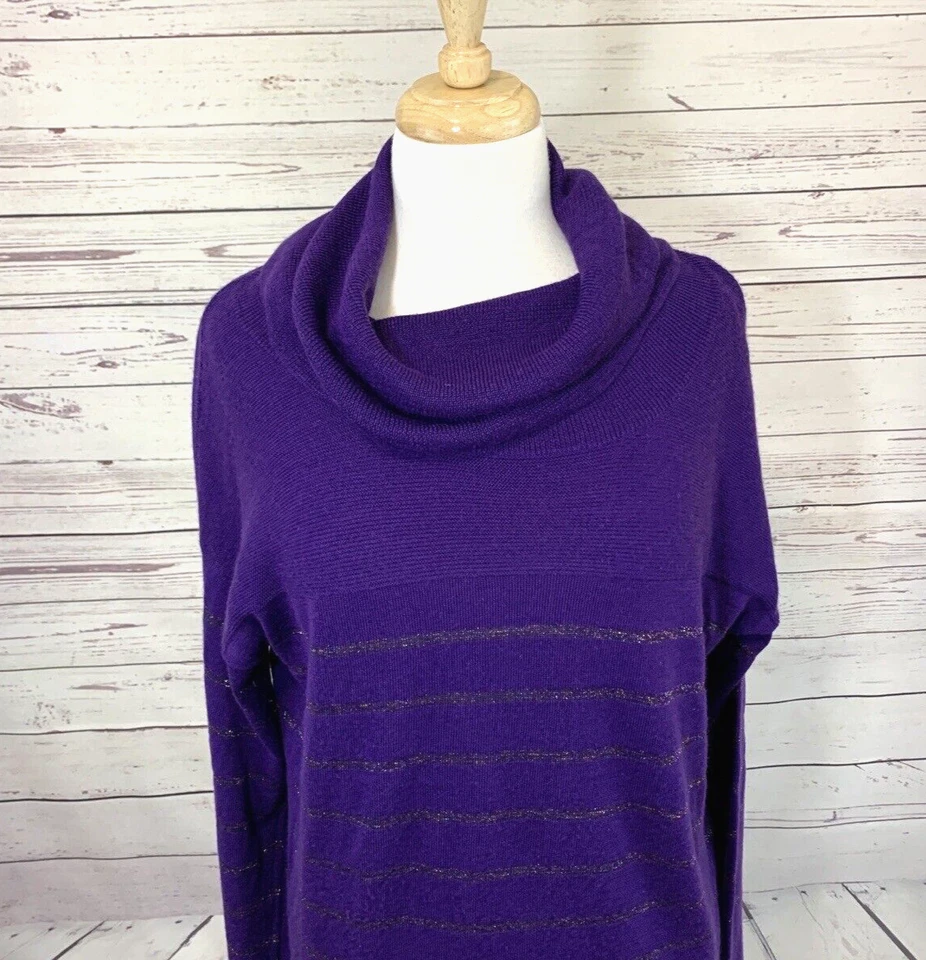 Coldwater Creek 紫色长袖圆领美利奴混纺条纹毛衣 L 码 — 第 2/4 张图片
