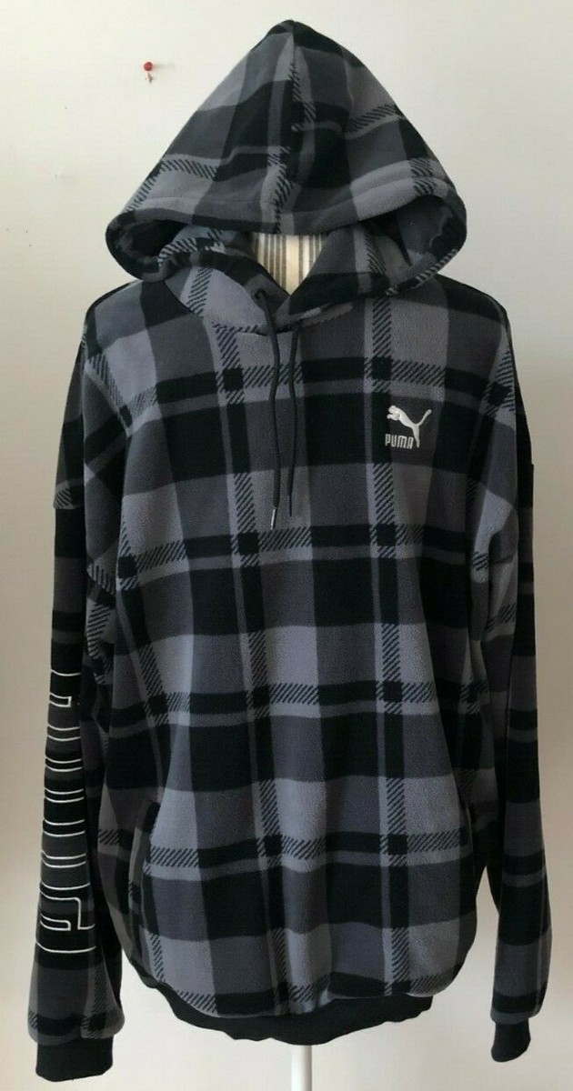 Puma Fleece Check Polar Hoody Plaid Pullover Sweatshirt Black Gray Size L eBay