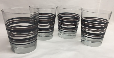 ROCK GLASSWARE SET OF 4 Libbey? BROWN BLACK STRIPES CLEAR ROCK GLASSES 4.25'' MCM