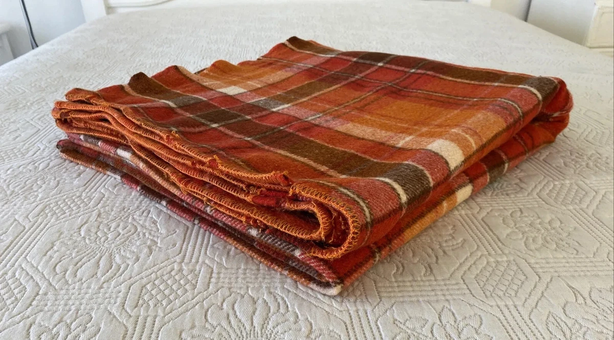 Vintage Pure Wool Double Blanket Red Orange Brown Check 195 cm x