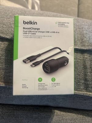 Belkin USB-A Dual Car Charger 24W w/ USB-C Cable - Black OPEN BOX