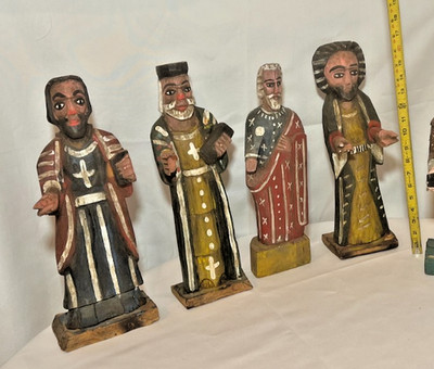 Vintage Santos Folk Art Statues Set Hand Carved Painted Wood Primitive