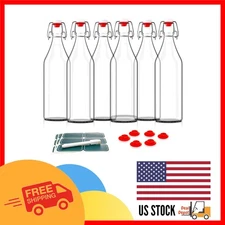 Set of 6 Swing Top Glass Bottles - 16oz Airtight Containers w/Labels & Marker