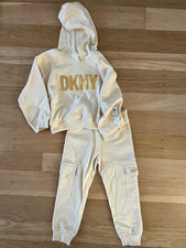 DKNY Girls Cream Hoodie Pants Set 3T Sequin Hooded Long Sleeve Cargo Pockets