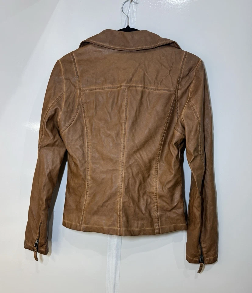 Max Studio Faux Leather Jacket Women's Size Small Brown Moto Zip Front Pocket's - Image 2 of 4