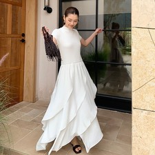 Spring New Women's Wool Ruffle Edge Short Sleeved Dress Slimming Fit Long Skirts
