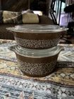 LOT OF 2 SET VTG PYREX CHOCOLATE BROWN WOODLAND 471B & 473B CASSEROLES & LIDS