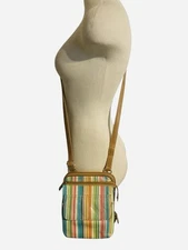 VTG FOSSIL Womens Rainbow Striped Multi Pockets Zip Mini Messenger Crossbody Bag