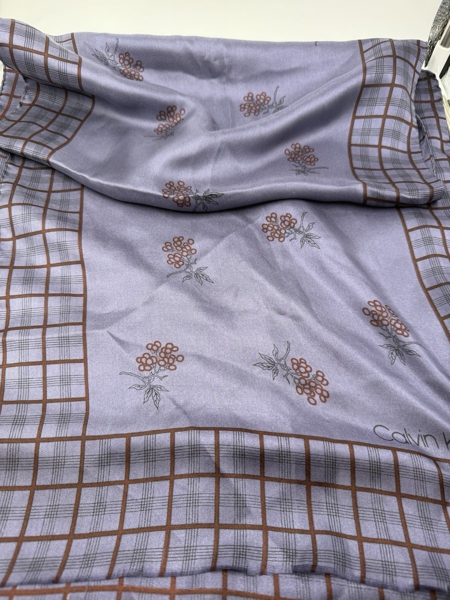 ☆☆☆☆☆ Vintage Scarf Calvin Klein Silk Rectangle Oblong Blue Plaid Floral