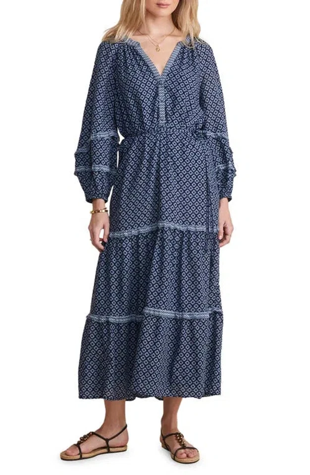 Vineyard Vines Maxi Dress Long Sleeve Tiered Boho Navy Geo Tie Waist Size L $198 - Image 2 of 4