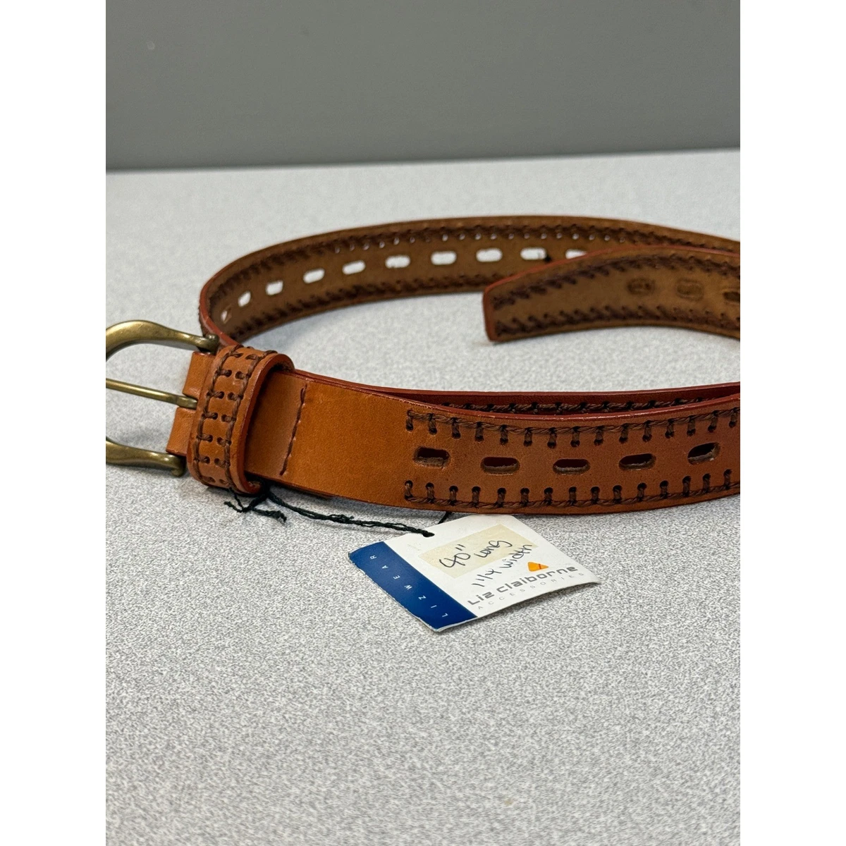 Vintage Liz Claiborne Brown Leather with Chain Belt 40” Vintage Liz Claiborne Top Leather Skinny Belt With Gold  main image 2