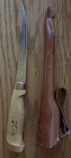 Mint J. Marttiini Fish Fillet Knife and Sheath Tooled Leather Finland Signed