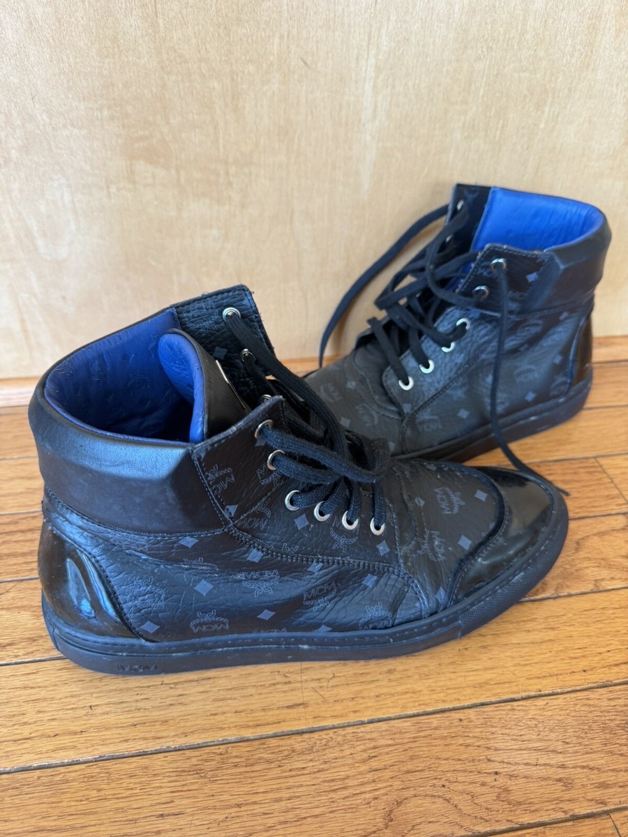 MCM Men's Visetos Monogram navy blue Leather High Top Shoes 44 us