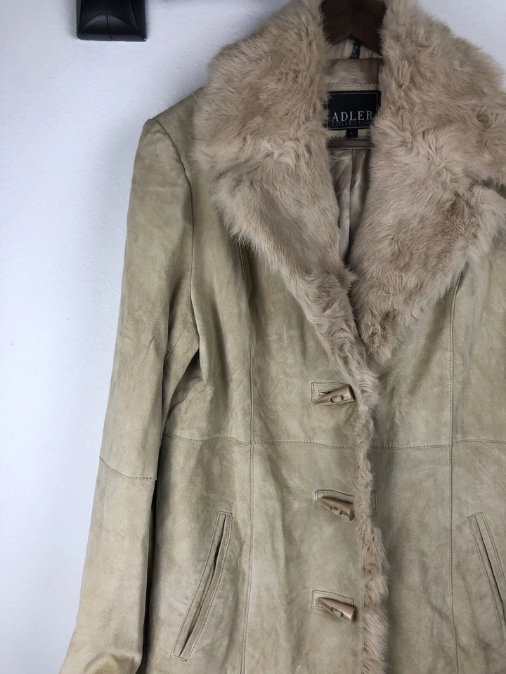 Adler 棕褐色麂皮绒皮大衣夹克毛皮装饰女式大号 — 第 3/4 张图片