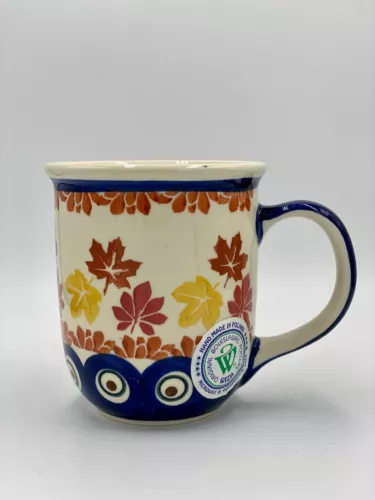 Polish Pottery Mug Bolestawiec Wiza Coffee Leaf Blue White Collectible Hand Made