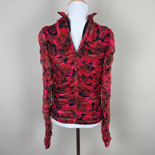 Bagatelle Blouse Top Womens M Floral Ruched Red Rose Mesh High Neck LS Lined New - Picture 7 of 16