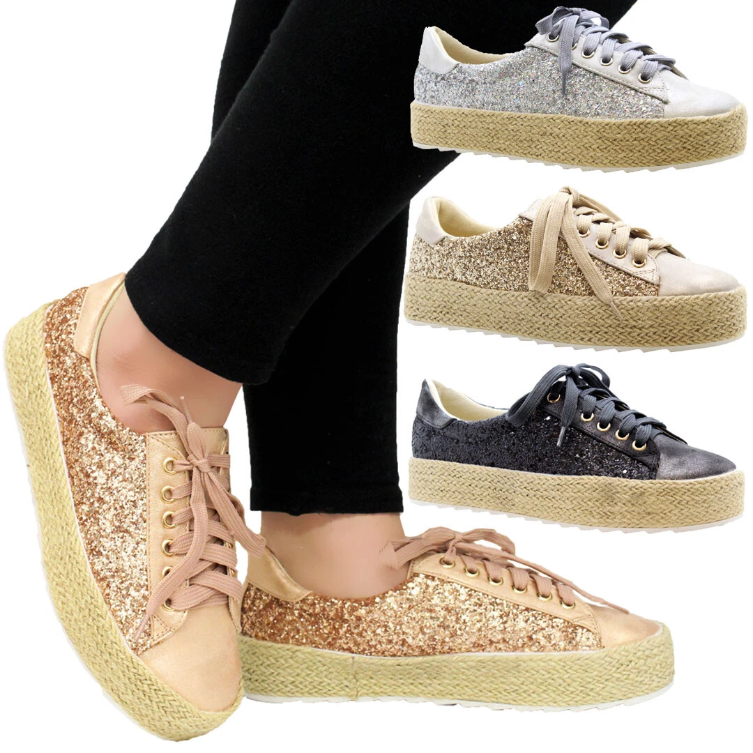 Ladies Women Lace Up Glitter Flat Espadrilles Sneakers Trainers
