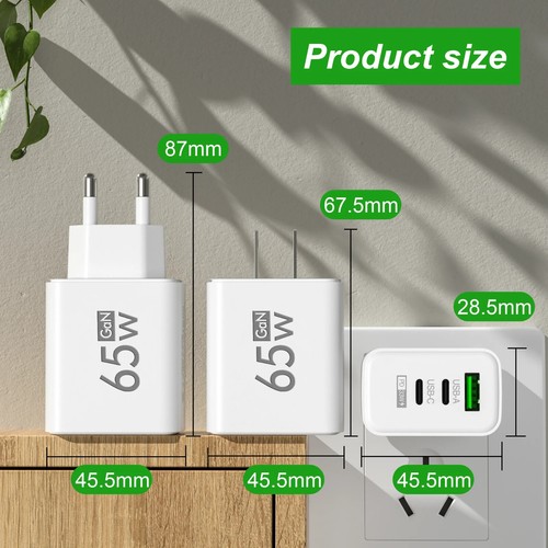 CARICATORE 65W UNIVERSALE USB-C PER IPHONE/ANDROID/XIAOMI 3 PORTE FAST CHARGER - Foto 5 di 5