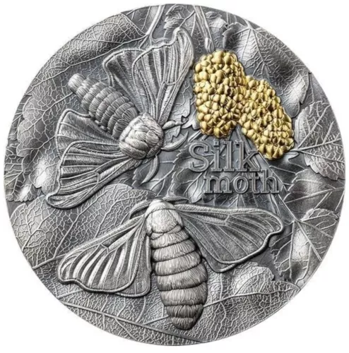 2023 2 Oz Silver 10 Cedis Ghana Nature Architects SILK MOTH Antique Gilded Coin.