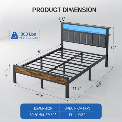 Noise-Free Full Size Platform Bed with LED Lights & Robust Charging Headboard - Picture 4 of 9